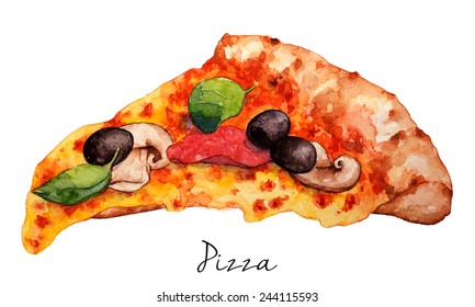 Hand Drawn Slice Of Pizza, Watercolor Sketch,Vector Illustration For Food Design.