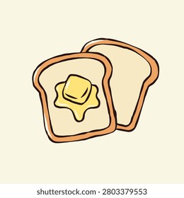Hand Drawn Slice of Toast with Melted Butter Vector Illustration - Cute Doodle Breakfast Bread for Morning Meal Design