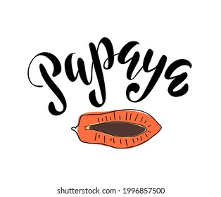 Hand drawn slice of tropical fruit. Vector flat illustration on a white background. Handwritten text papaya. Doodle jungle fruits