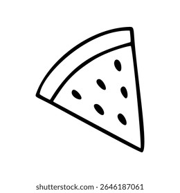 Fatia desenhada à mão de melancia, com sementes pretas e crosta, criada com um estilo de arte de linha simples como um ícone vetorial ou doodle