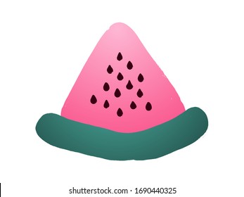 Hand drawn slice of watermelon. Cartoon painting. Summer design element with watermelon. Bright pink and green colors. Doodle fresh fruit. Simple sweet vitamin snack.
