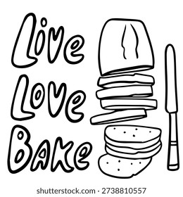 Hand Drawn Sliced Bread with Knife and Live Love Bake Lettering Doodle
