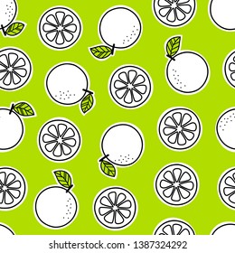 Hand drawn sliced citrus fruits seamless patten with green background.