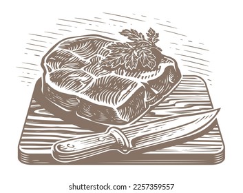 Hand drawn sliced grilled bull steak on wooden board with knife. Illustration for restaurant menu or butcher shop