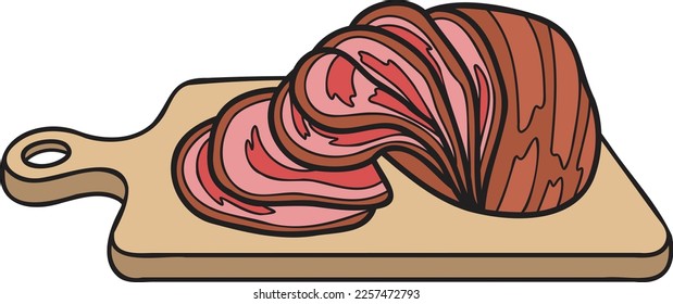 handgezeichneter Schinken auf einer Holzkrettergrafik im Doodle-Stil einzeln auf Hintergrund
