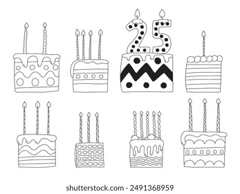 Rebanadas de pasteles dibujadas a mano con velas. Tartas de cumpleaños con velas doodle set