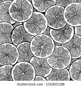 Hand drawn slices of citrus fruits, lime, lemon, mandarin or orange. Vector illustration. All over prin. Engraved Vintage style.