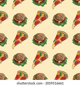 Hand drawn slices of pizza and bagel hamburger on a colored background.