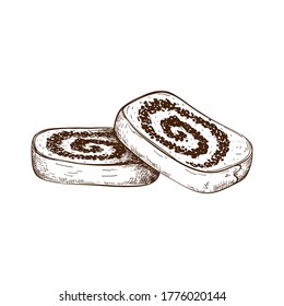 hand drawn slices of poppy seed cake or strudel isolated on white. bun or roll filled with poppy seeds set. engraved pastry sketch. Vector illustration of polish traditional dessert. christmas cake