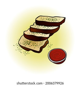 Hand drawn slices of the toasted bread with garlic and herb isolated on white background, vector illustration