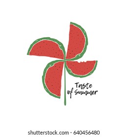 Hand drawn slices of watermelon on white background with Taste of Summer lettering. Rough texture.