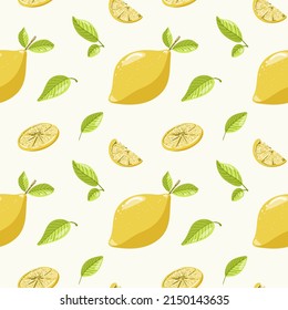 Hand drawn slices and whole lemon vector seamless pattern background. Color vintage design for wrapping paper, wallpaper, fabric, natural product packaging