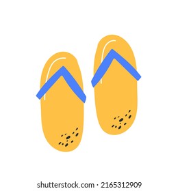 Hand drawn slippers. Vector illustration flip-flops for summer, beach, vacation. Single object isolated on white background. Yellow rubber sandals