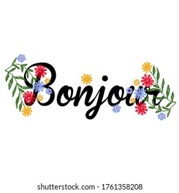 Hand drawn slogan graphic print for t-shirt design as vector. Flower embroidery design with text. Randomly placed florals. Calligraphy script handwritten.