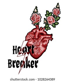 Hand drawn slogan Heart breaker, embroidered human heart with rose flowers, embroidery patch for tee, t-shirt print, apparel fashion design