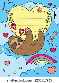 Hand drawn. Sloth, cloud, and heart element. Doodles art for Happy Valentine's day card or Love card. Coloring book for adults and kids.