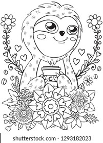 Hand drawn Sloth and coffee cup with flower element vector doodle. Black and white lines.