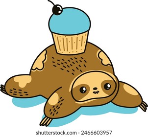 Hand drawn sloth flat out with a cupcake on top!