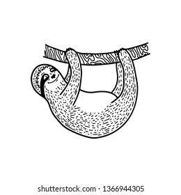Hand drawn sloth hanging on a tree branch. Hand drawn, doodle style. Cute funny vector illustration for print, poster, apparel, t-shirt. Black lineart isolated on white background