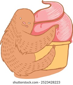 Hand Drawn sloth holding an ice cream