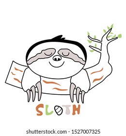 Hand drawn sloth on the tree vector illustration.