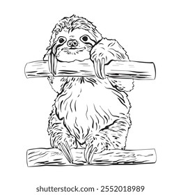 Hand drawn sloth sitting on a branch in graphic style. Vector illustration