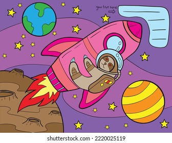 Hand drawn. Sloth and space cartoon. Doodle art for Happy Valentine's day card or greeting card. Coloring book for adults and kids.