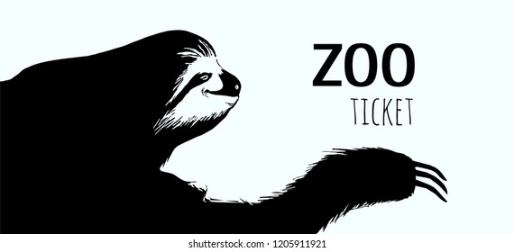 Hand drawn sloth.Greeting card.Silhouette wild animal.Can be used invitation card for zoo.Sketch of idler. Isolated vector illustration. Line art.Nature shape.