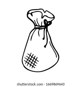 Hand drawn small bag, garden tools on a white isolated background. Doodle, simple outline illustration. It can be used for decoration of textile, paper.