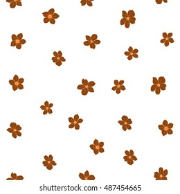 Hand drawn small brown flowers. Vector seamless pattern of stylized floral motif, many small flowers, hole, spots on white background.