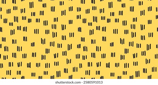 Hand drawn small dash seamless black and yellow doodle pattern with irregular dashes. Playful and modern design, perfect for textiles, packaging, wallpapers, and branding projects. Vector illustration