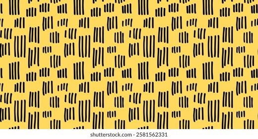 Hand drawn small dash seamless black and yellow doodle pattern with irregular dashes. Playful and modern design, perfect for textiles, packaging, wallpapers, and branding projects. Vector illustration