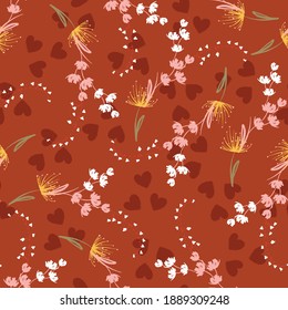 Hand drawn small delicate floral Seamless repeat pattern with botanical flowers on heart background vector EPS10.Design for fashion,fabric,web,wallpaper,wrapping and all prints on retro orange.