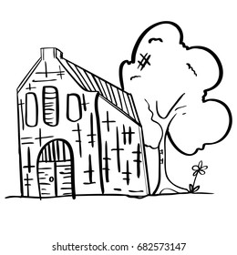 Hand drawn Small house with trees ,cartoon. vector. coloring books, t-shirts.illustration , artwork.