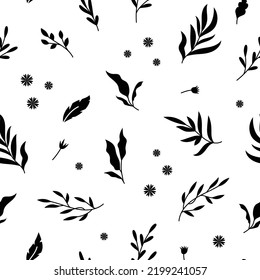 Hand drawn small leaves and flowers seamless pattern. Tiny vector branches, twigs with leaves. Black ink texture with foliage. Abstract black and white plant motif