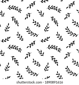 Hand drawn small leaves vector seamless pattern. Tiny vector black branches, twigs with leaves. Black ink texture with foliage. Hand drawn eucalyptus, laurel twig. Abstract plant motif