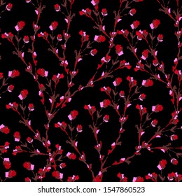 Hand drawn of small red flowers from marker pen and ink sketch seamless pattern in vector ,Design for fashion ,fabric, wallpaper,wrapping,modern style on black background color.