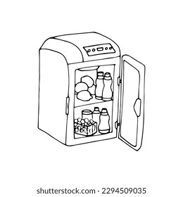 hand drawn small refregerator for car, fruits and juiice in opened refregerator , vector illustration, isolated on white background