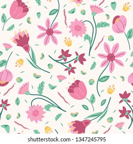 Hand drawn small scale floral vector seamless pattern. White background. Delicate pink stylized stem blooms. Painted pretty garden wildflowers. Retro vintage foliage meadow. Home decor all over print