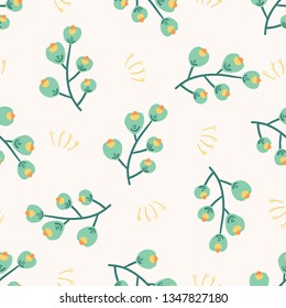 Vector de cavidad floral a pequeña escala dibujado a mano, patrón transparente. Fondo blanco. Delicada flor de tallo estilizado verde amarillo. Bonitas flores de jardín pintadas. El follaje de la decoración está todo impreso. Estilo retro vintage