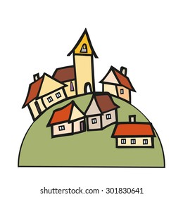 Hand drawn small village. Background design for poster, flyer, cover, brochure.