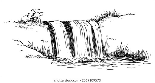 hand drawn small waterfall surrounded by grass and rocks