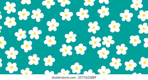 Hand drawn small white daisy flower seamless pattern with teal color in the background. design for fabric, textile, covers, gift wrap, wallpaper.