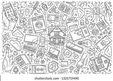 Hand drawn smart home set doodle vector illustration background