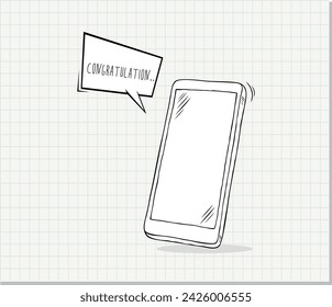 Hand drawn smart phone with word congratulation, doodle style