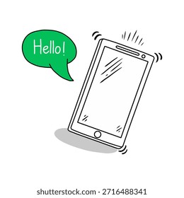 Teléfono inteligente dibujado a mano con burbuja de discurso de saludo verde. Doodle vibrante del teléfono móvil con la Ilustración vectorial del mensaje de saludo