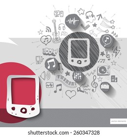 Hand drawn smartphone icons with icons background. Vector illustration