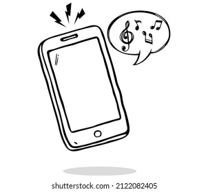Hand drawn smartphone with music notes, doodle style
