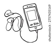 Hand drawn smartphone with music player and wired earbuds sketch illustration. Doodle style mobile phone with earphones, black outline on white background.