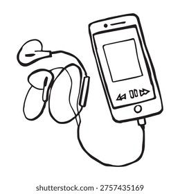 Hand drawn smartphone with music player and wired earbuds sketch illustration. Doodle style mobile phone with earphones, black outline on white background.